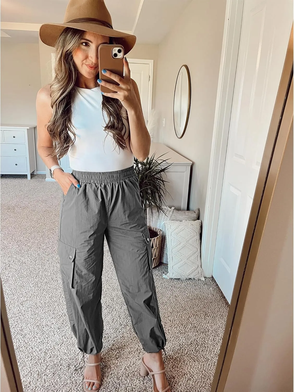 GRAPENT Womens Cargo Pants High Waisted Baggy Parachute Pants Elastic Waist Adjustable Drawstring Nylon Y2K Trousers