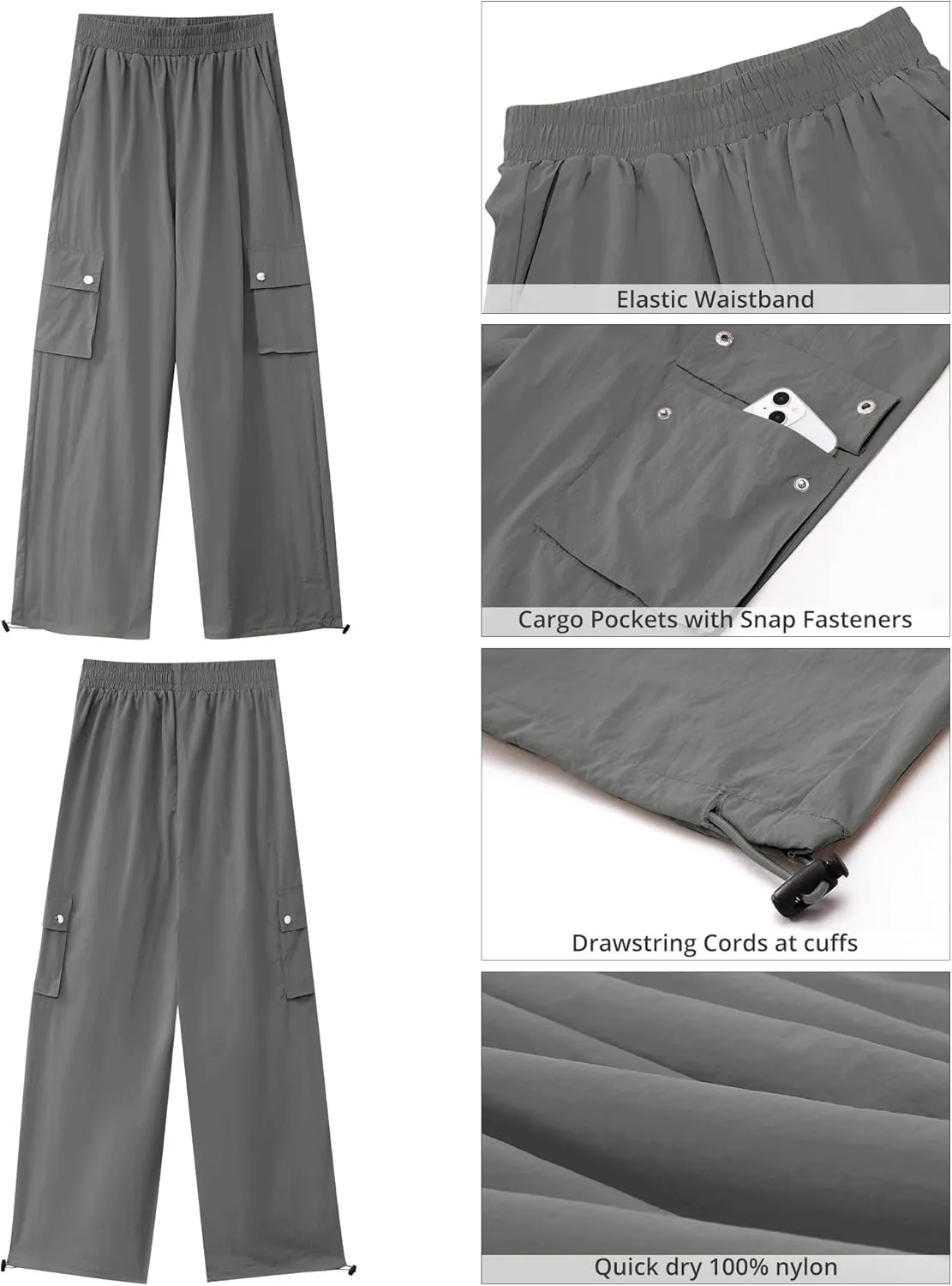 GRAPENT Womens Cargo Pants High Waisted Baggy Parachute Pants Elastic Waist Adjustable Drawstring Nylon Y2K Trousers
