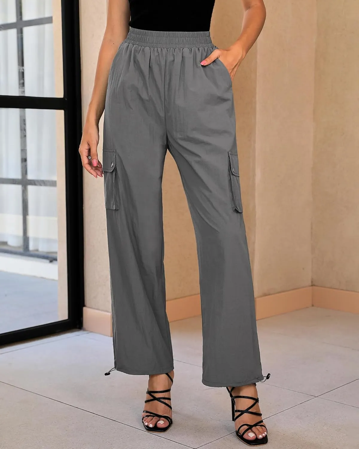 GRAPENT Womens Cargo Pants High Waisted Baggy Parachute Pants Elastic Waist Adjustable Drawstring Nylon Y2K Trousers