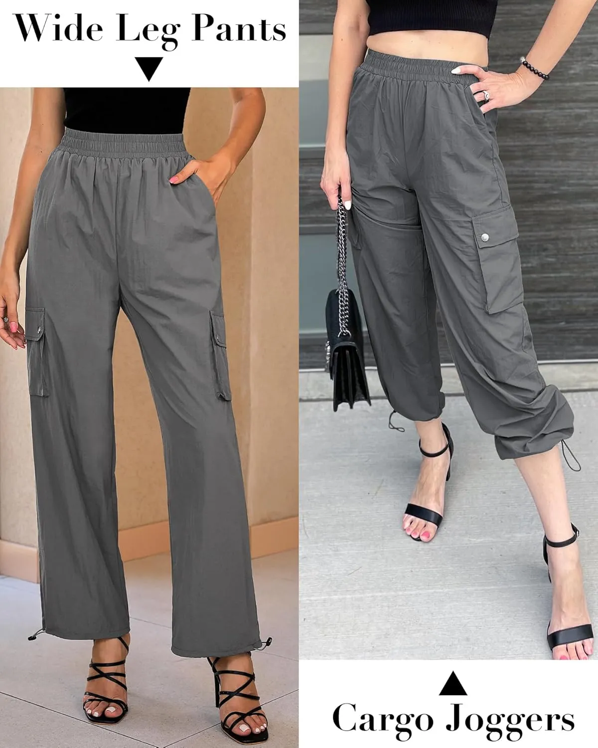 GRAPENT Womens Cargo Pants High Waisted Baggy Parachute Pants Elastic Waist Adjustable Drawstring Nylon Y2K Trousers