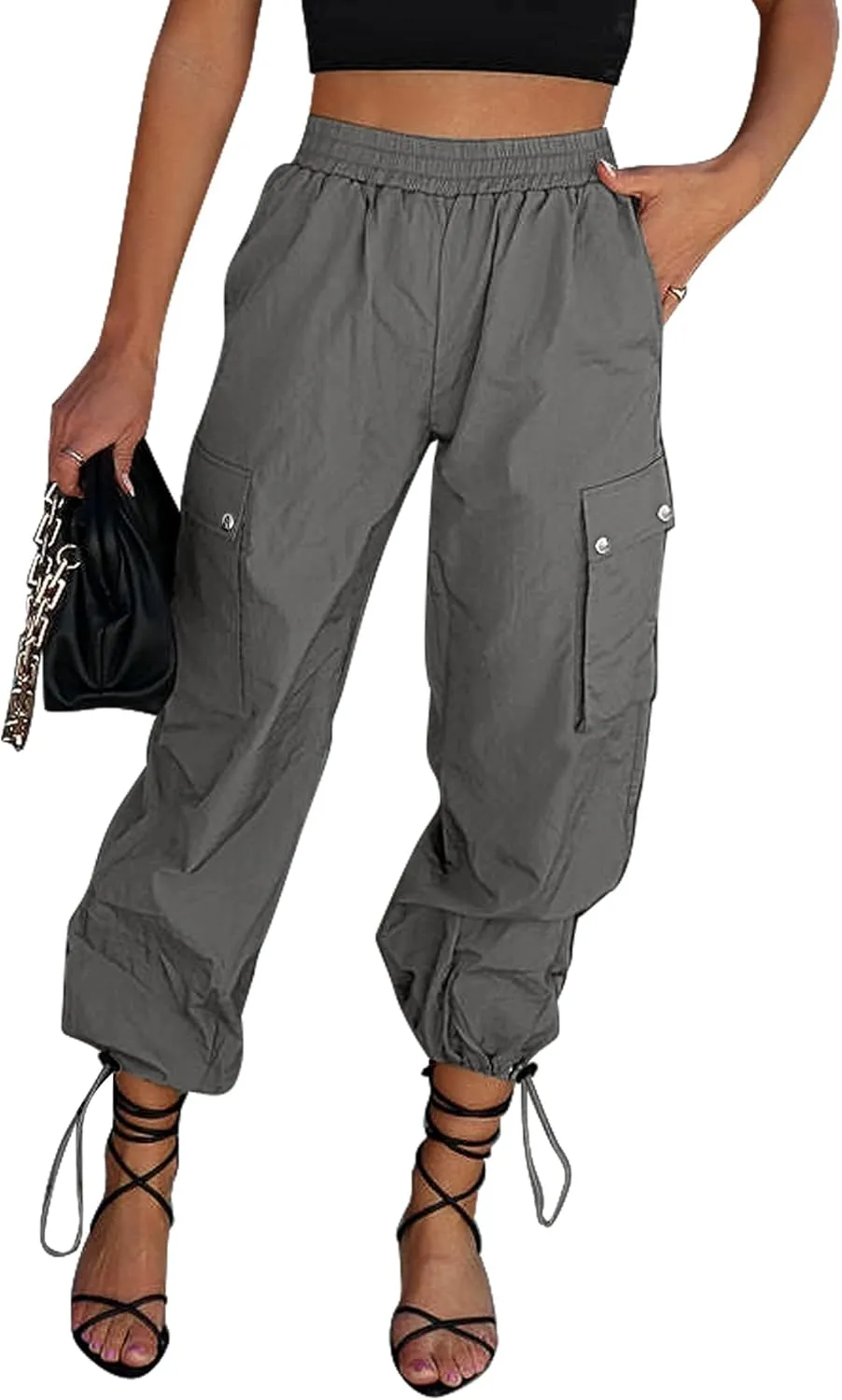 GRAPENT Womens Cargo Pants High Waisted Baggy Parachute Pants Elastic Waist Adjustable Drawstring Nylon Y2K Trousers