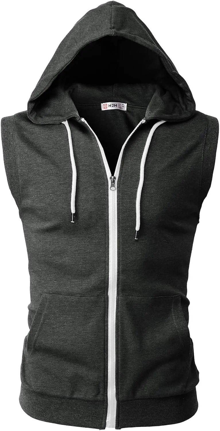 H2H Mens Casual Slim Fit Zip-up Sleeveless Hoodie Lightweight Workout Tank Tops Gym Hoodies