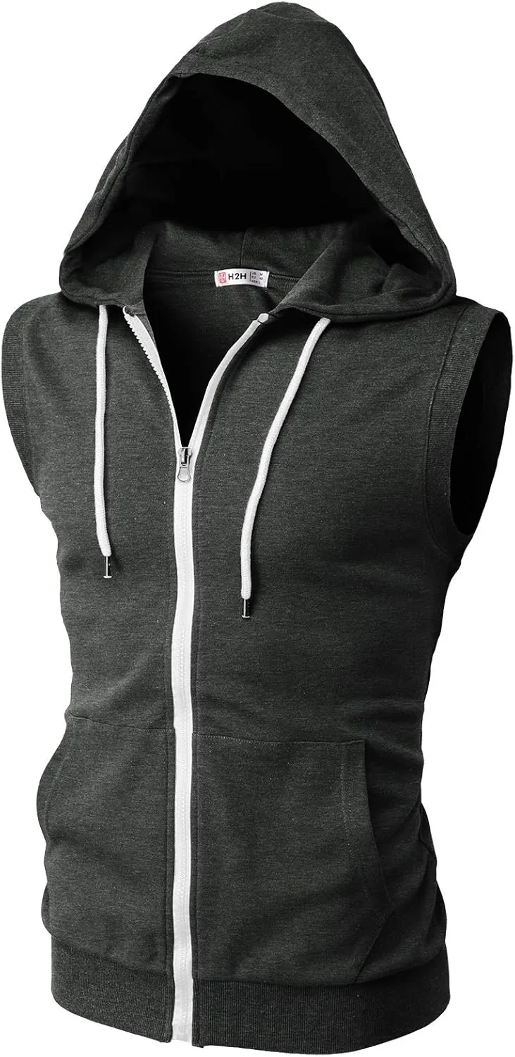 H2H Mens Casual Slim Fit Zip-up Sleeveless Hoodie Lightweight Workout Tank Tops Gym Hoodies