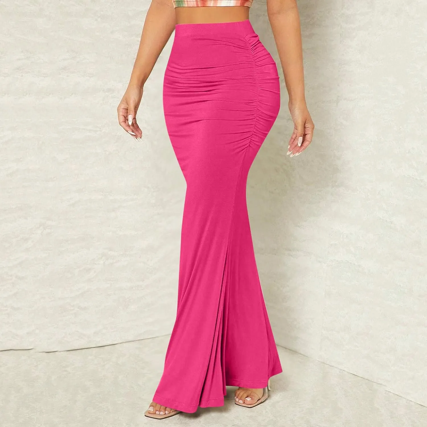 HGps8w Women's Fitted Mermaid Skirt 2025 Summer Sexy Ruched High Waisted Maxi Long Bodycon Going Out Club Skirts
