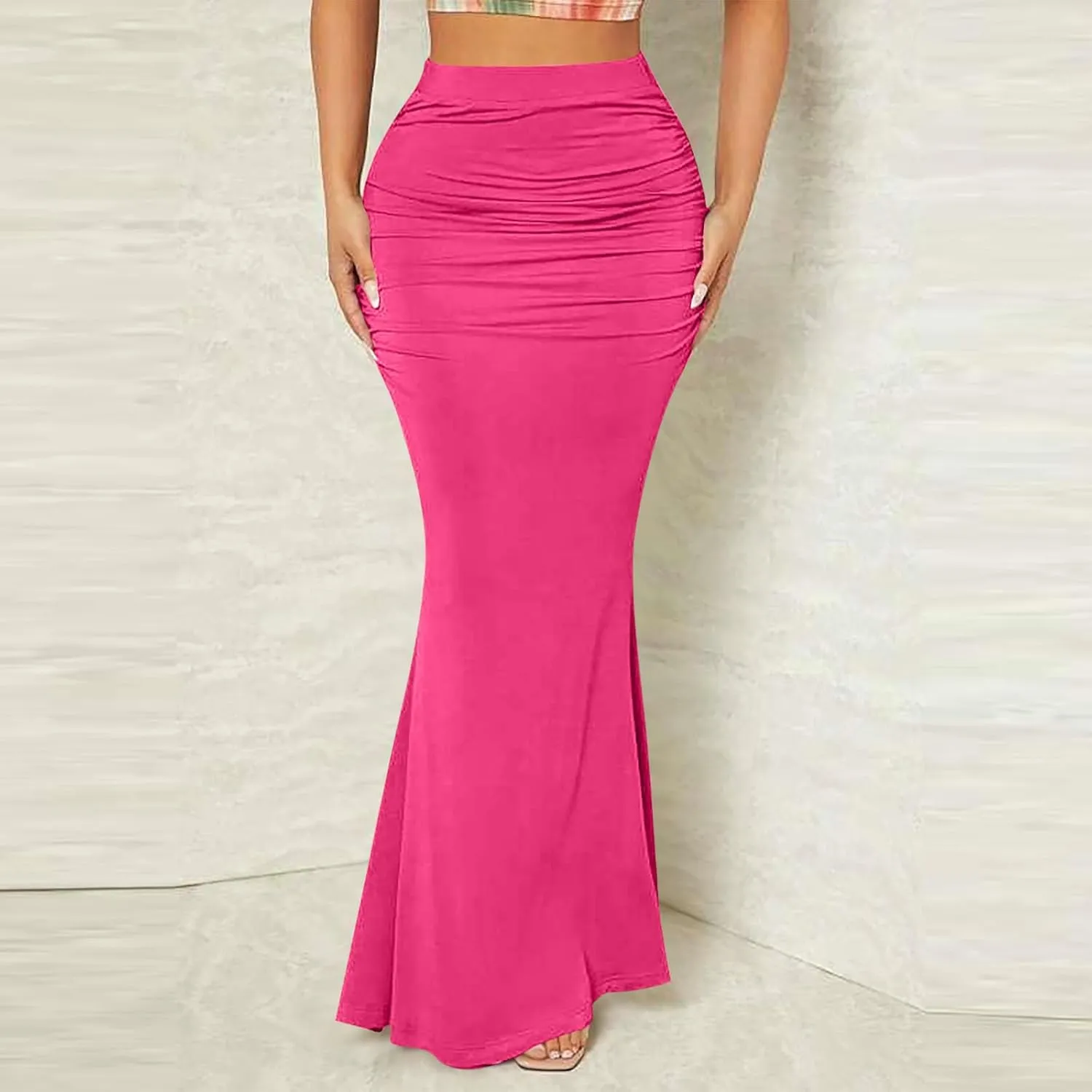 HGps8w Women's Fitted Mermaid Skirt 2025 Summer Sexy Ruched High Waisted Maxi Long Bodycon Going Out Club Skirts