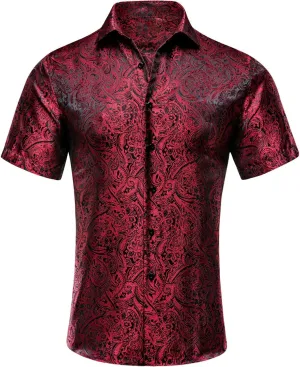 Hi-Tie Short Sleeve Dress Shirts for Men Silk Red Black Paisley Jacquard Regular Fit Hawaiian Casual Button Down Regular Fit Shirt for Party Beach