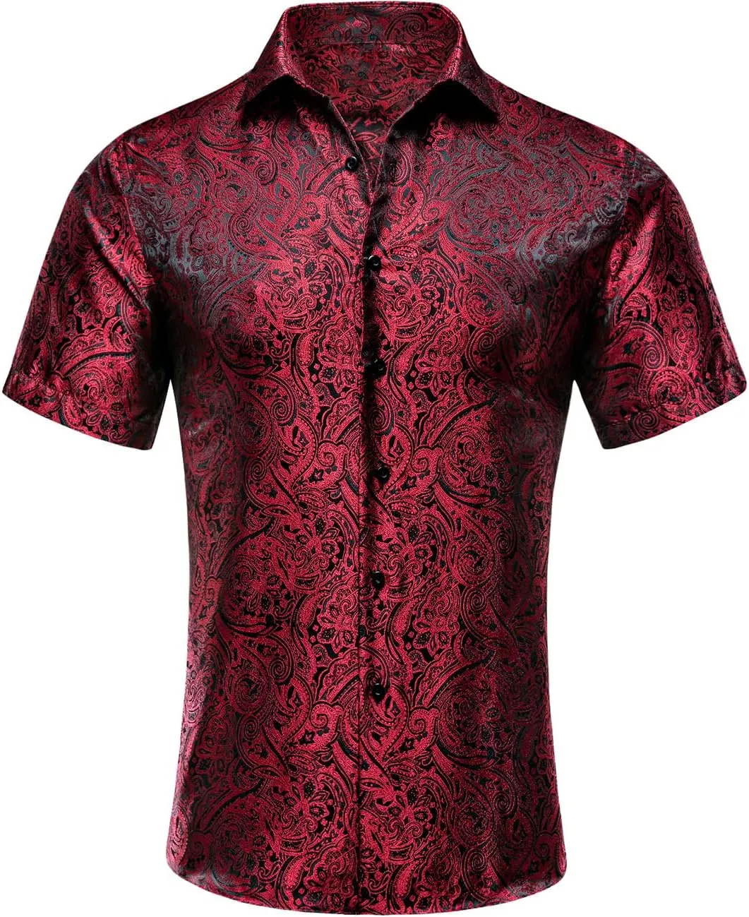 Hi-Tie Short Sleeve Dress Shirts for Men Silk Red Black Paisley Jacquard Regular Fit Hawaiian Casual Button Down Regular Fit Shirt for Party Beach