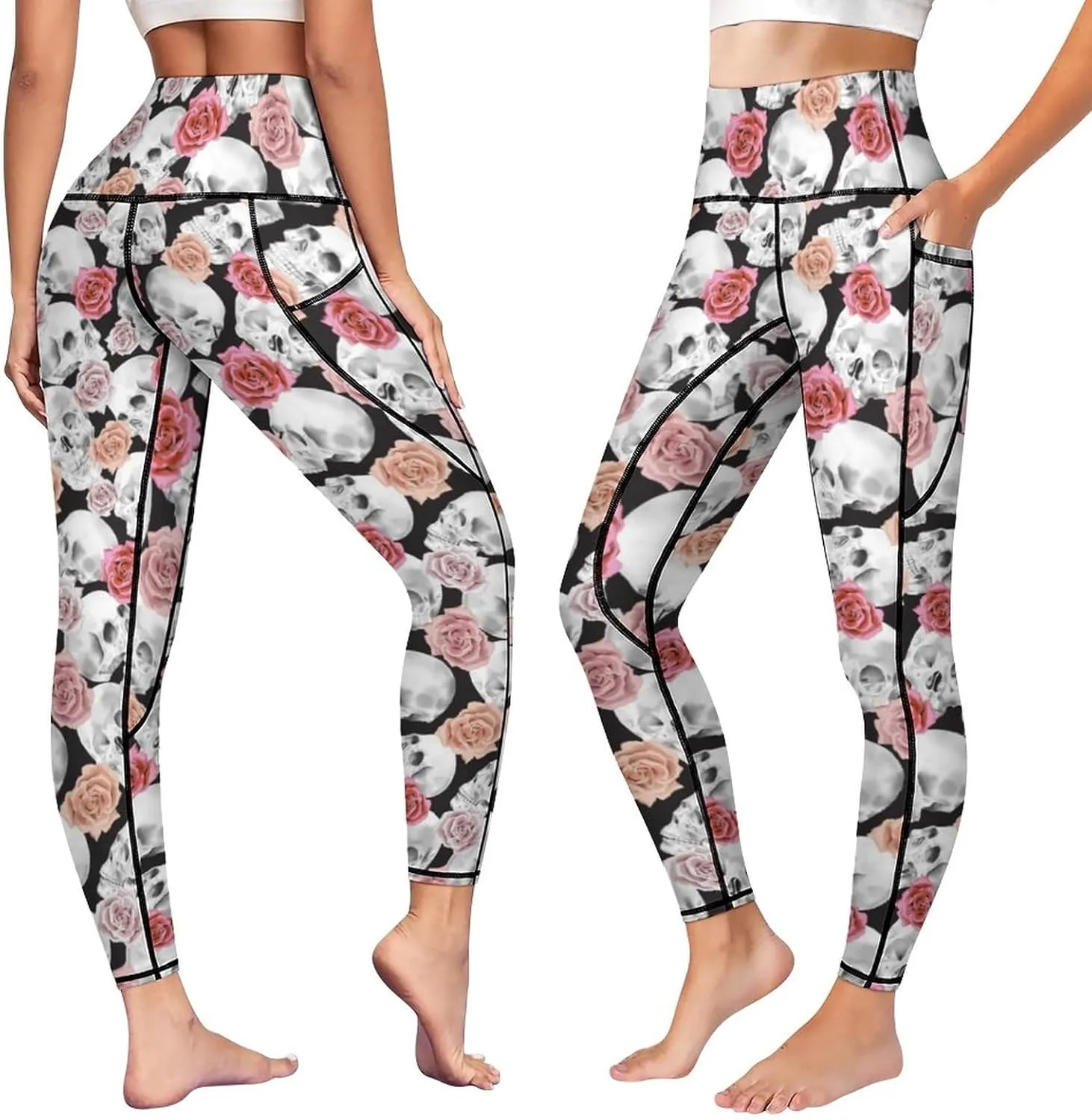 High Waist Yoga Pants with Pockets Tummy Control Workout Running 4 Way Stretch Yoga Leggings for Girls Women