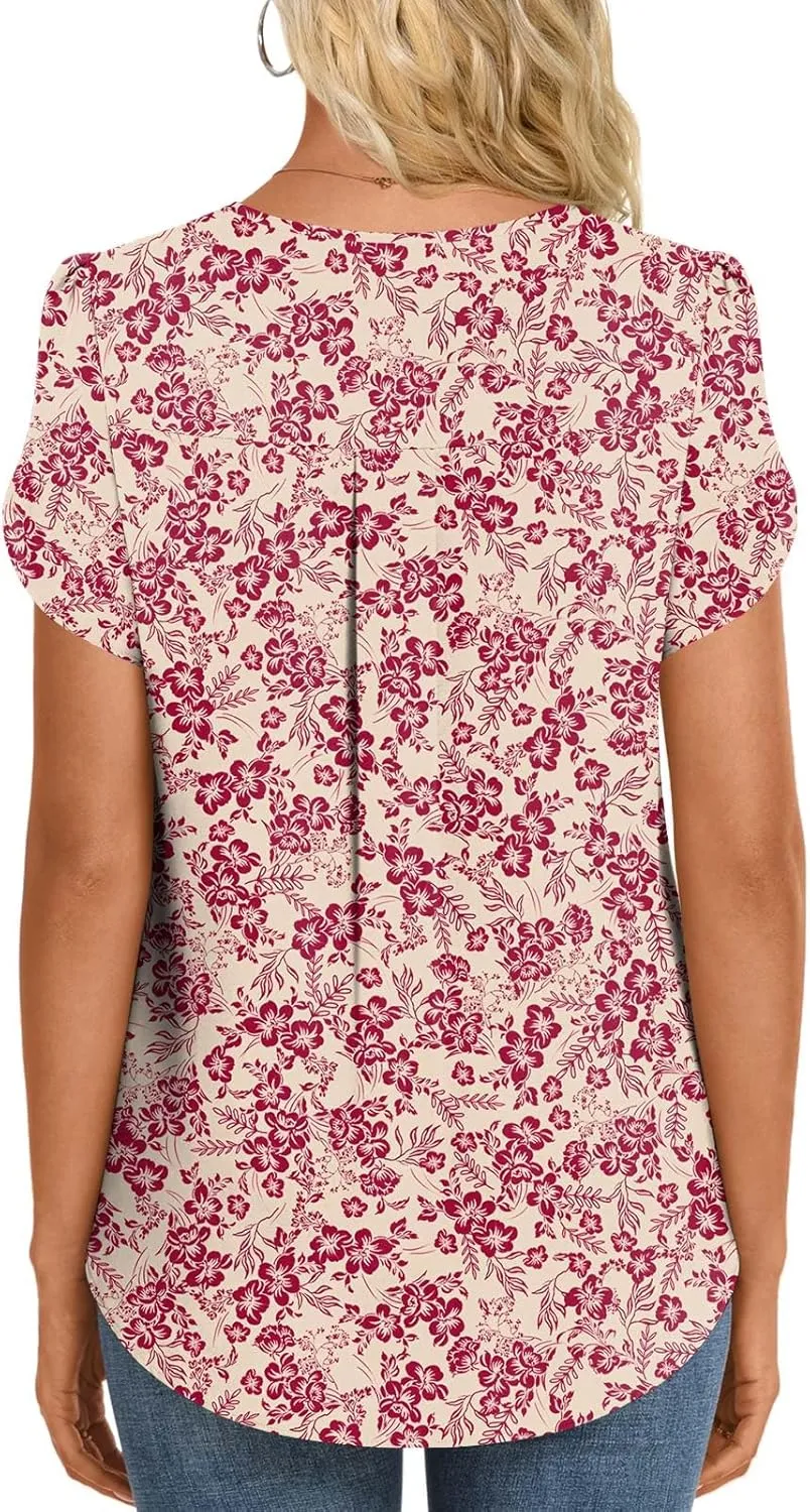 HOTGIFT Womens Tunic Tops 2025 Summer Short Sleeve V Neck Chiffon T Shirt M-3XL