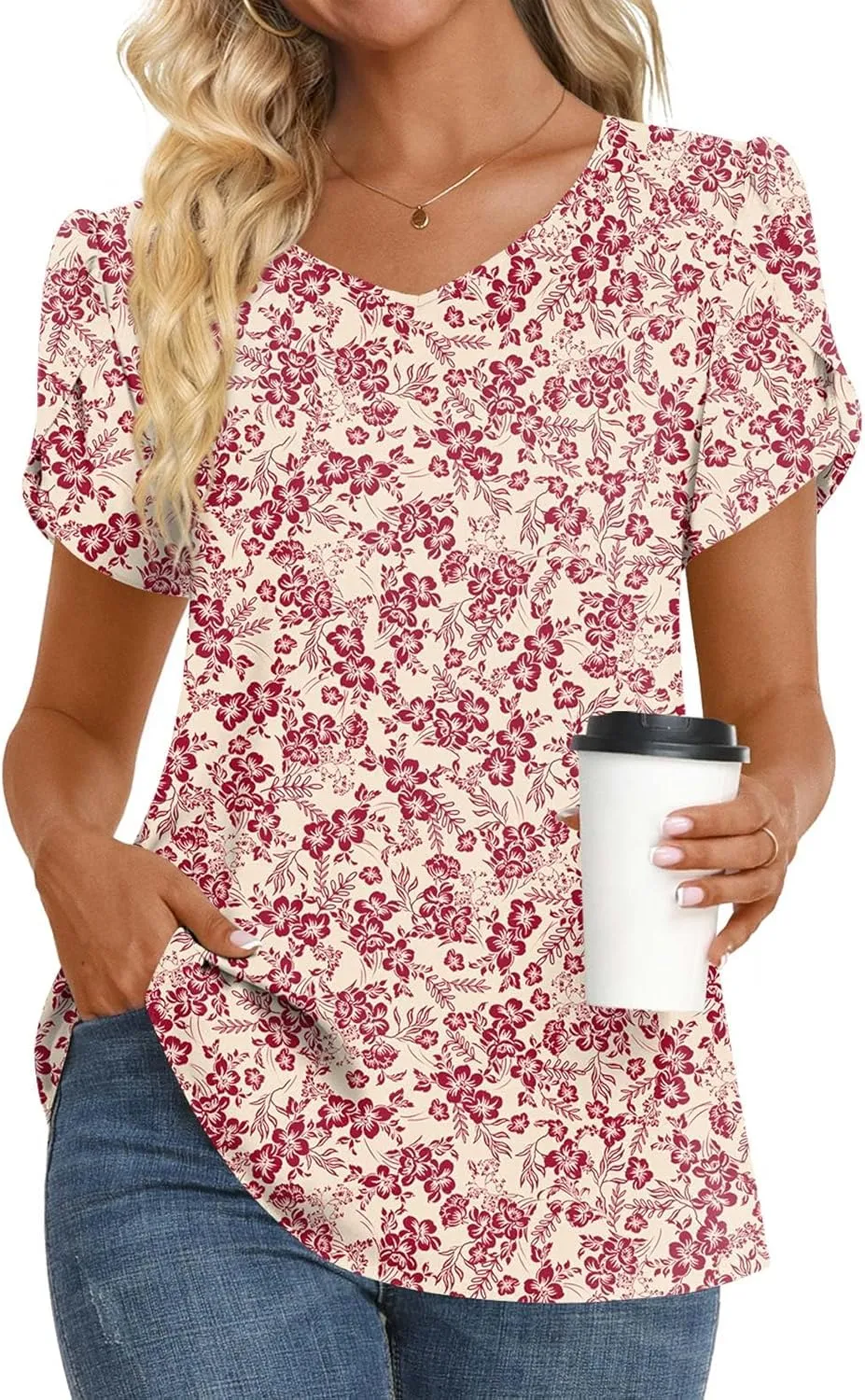 HOTGIFT Womens Tunic Tops 2025 Summer Short Sleeve V Neck Chiffon T Shirt M-3XL