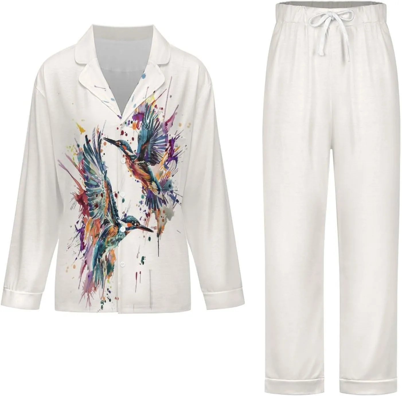Hummingbird Watercolor Women's Sleepwear Two Piece Pajama Set Long Sleeve Button Loungewear
