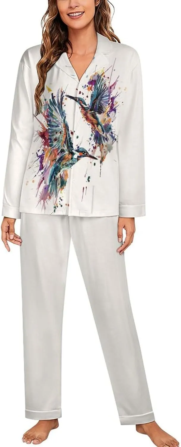 Hummingbird Watercolor Women's Sleepwear Two Piece Pajama Set Long Sleeve Button Loungewear