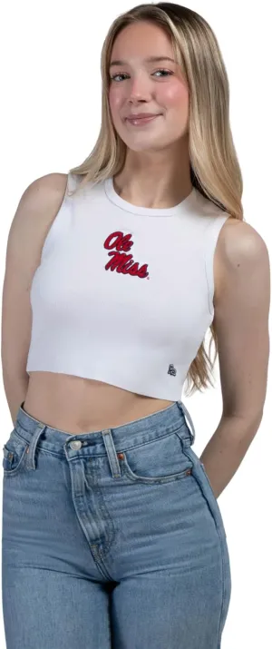 Hype & Vice Cut-Off Tank for Women - University of Mississippi Top for Women, Cropped Fit Tank, College Shirts for Game Days - White, Medium
