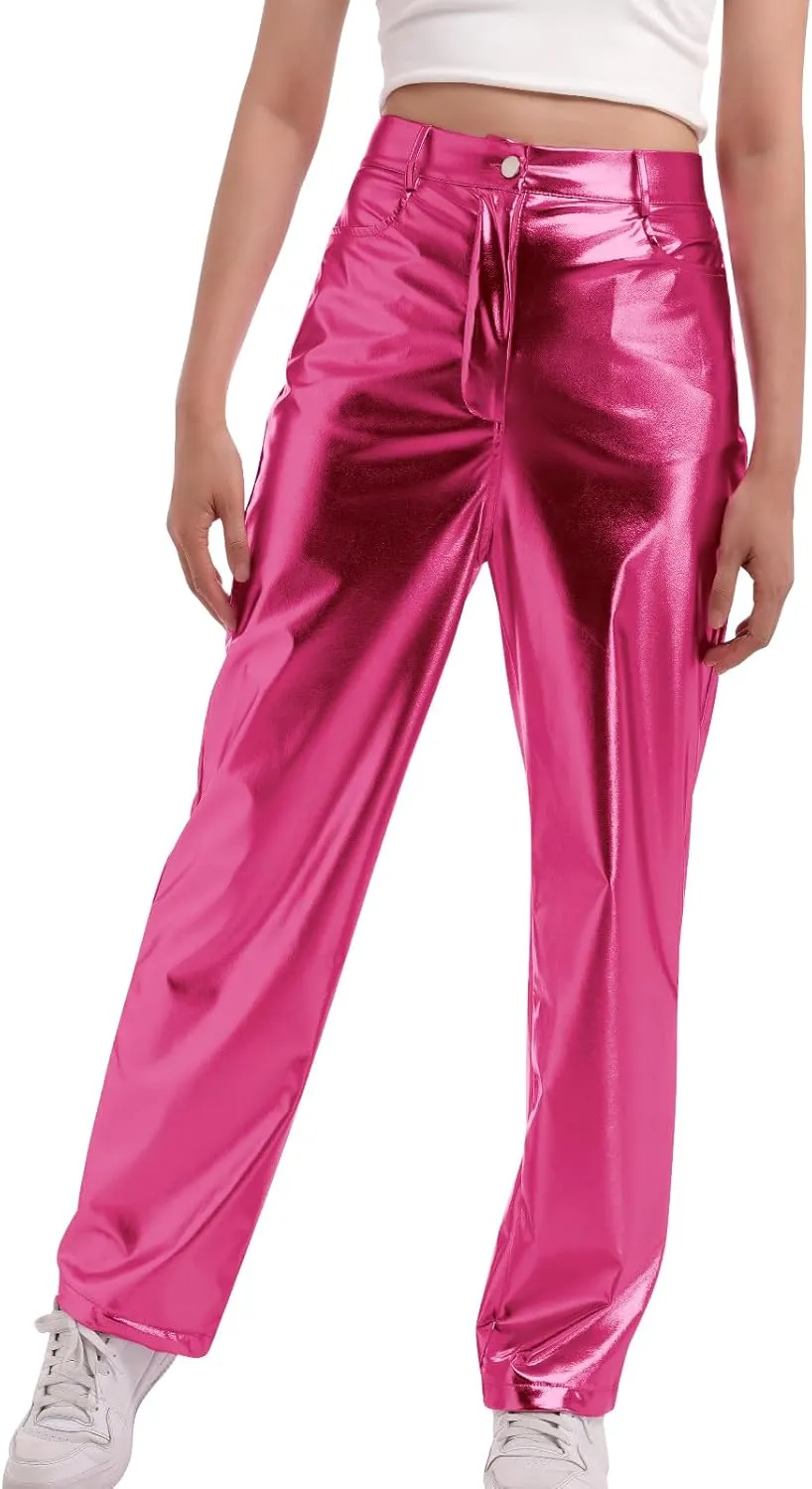 IDOPIP Women Shiny Metallic Leggings Holographic PU Leather Pants Long Straight Trouser Vintage 70s Disco Yoga Dance Clubwear