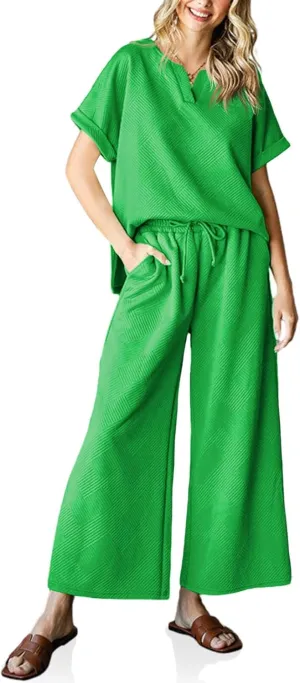 Imily Bela Womens 2 Piece Outfits Short Sleeve V neck Tops and Wide Leg Pants Sets Loungewear Casual Summer Tracksuits