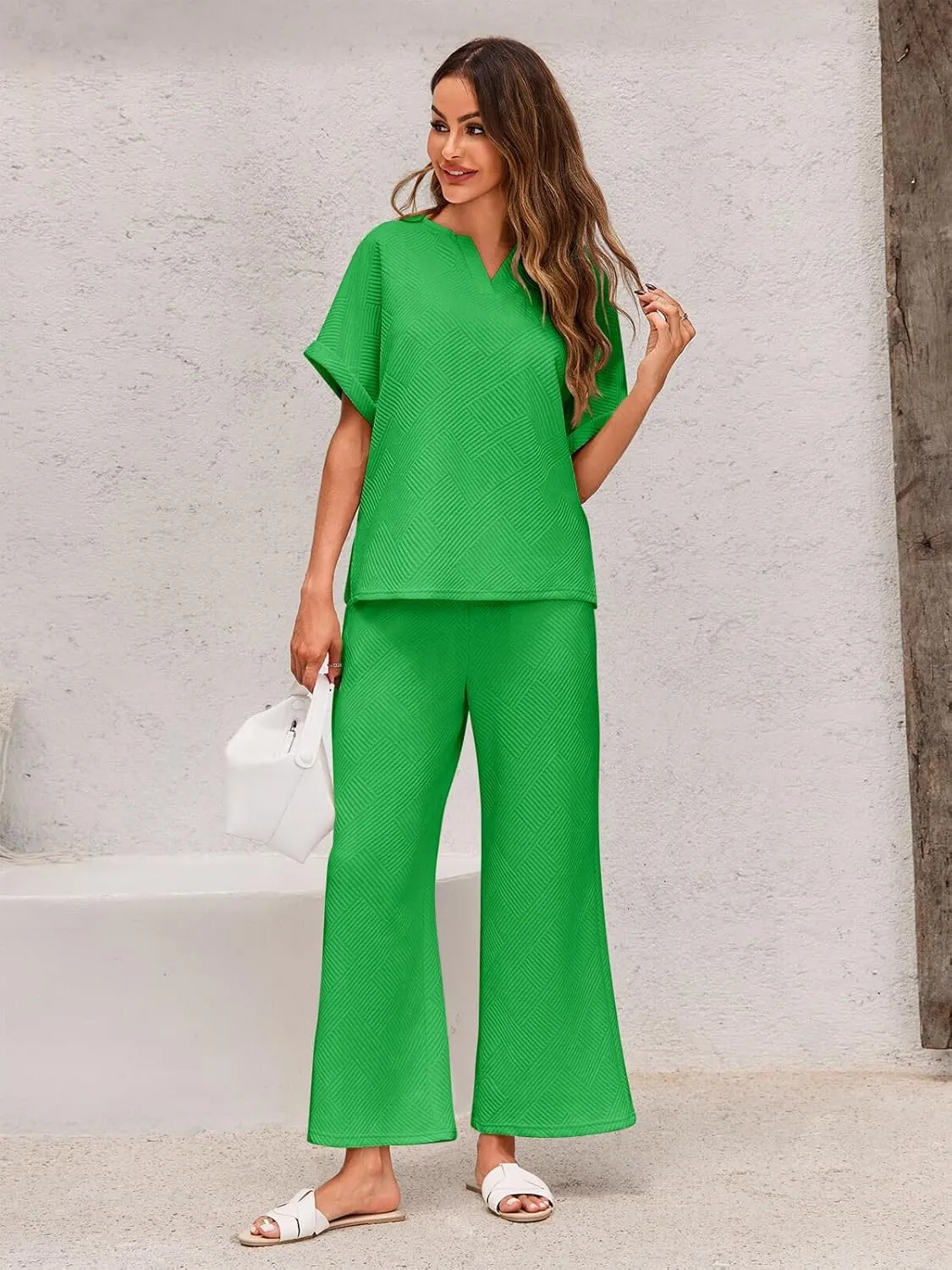 Imily Bela Womens 2 Piece Outfits Short Sleeve V neck Tops and Wide Leg Pants Sets Loungewear Casual Summer Tracksuits