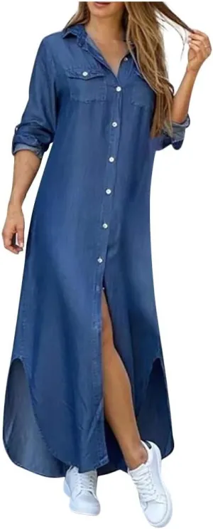 iQKA Women Plus Size Cotton Linen Button Down Shirt Dress Long Sleeve Casual Loose Pockets Mini Tunic Dress