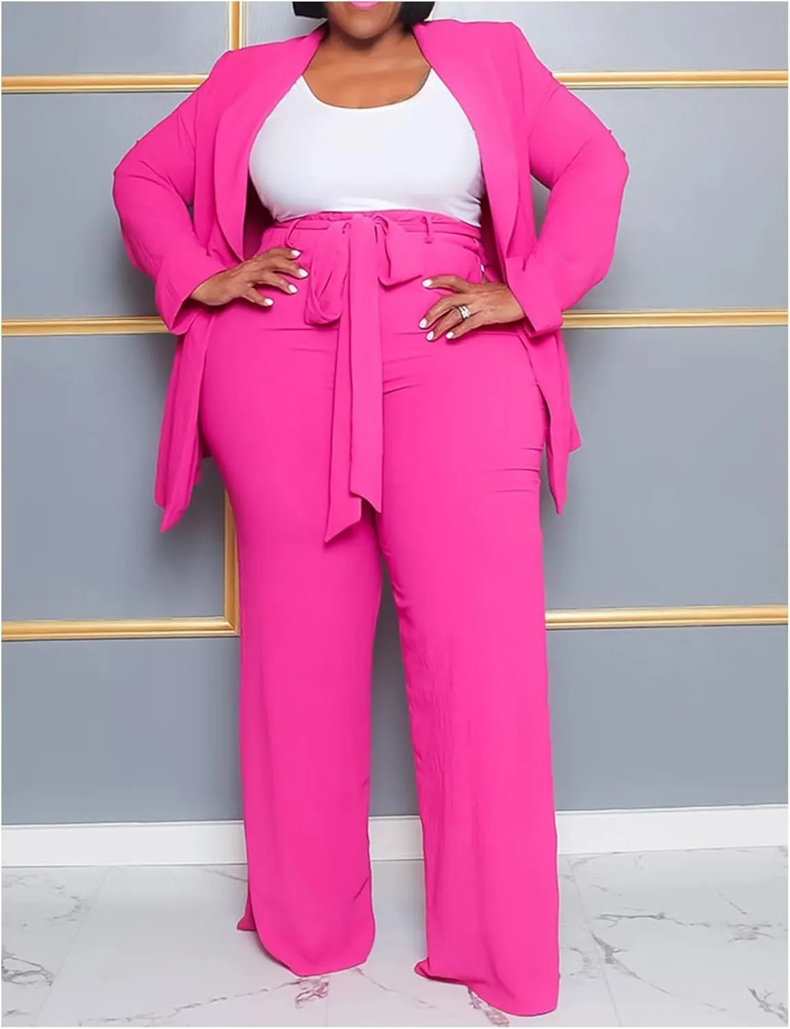 IyMoo Plus Size Suits for Women Business Open Front Long Sleeve Blazer Elastic Waist Solid Straight Leg Pant Set Suits