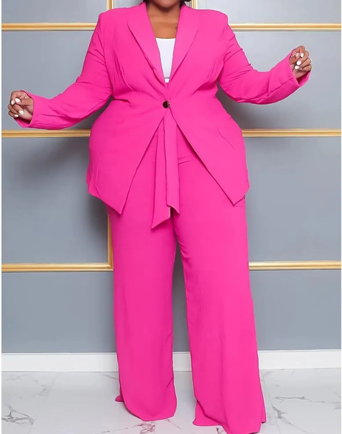 IyMoo Plus Size Suits for Women Business Open Front Long Sleeve Blazer Elastic Waist Solid Straight Leg Pant Set Suits
