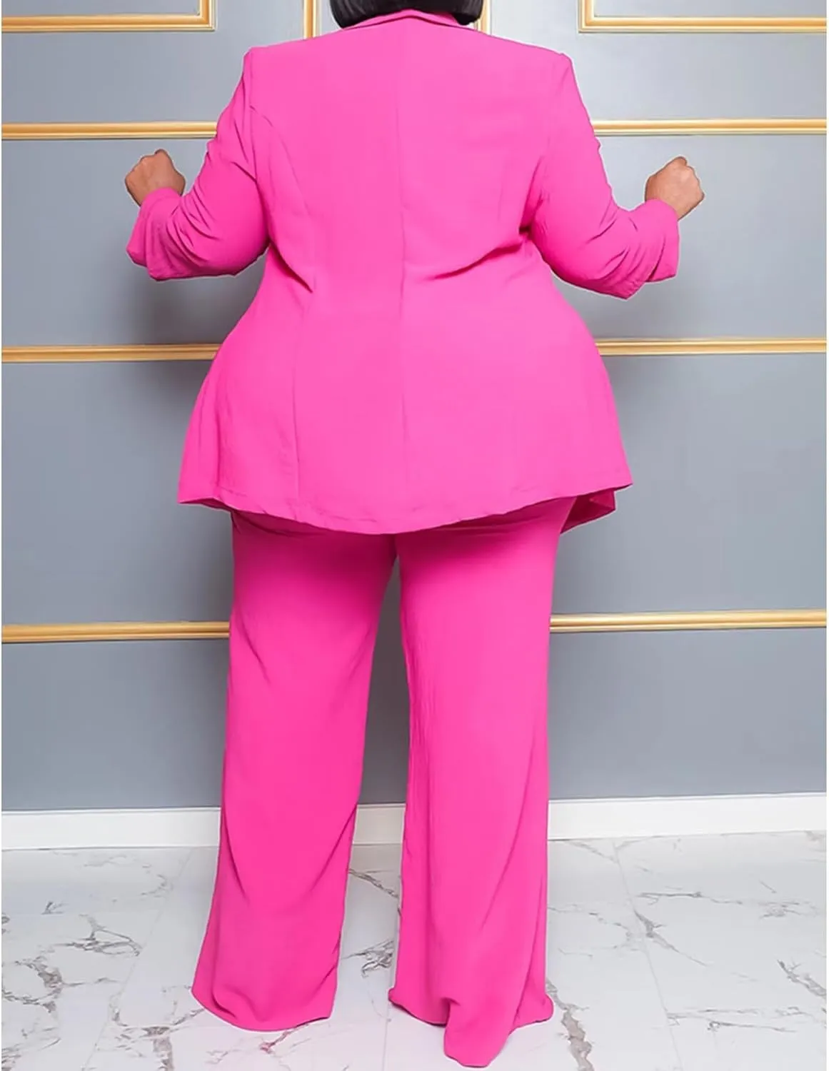 IyMoo Plus Size Suits for Women Business Open Front Long Sleeve Blazer Elastic Waist Solid Straight Leg Pant Set Suits