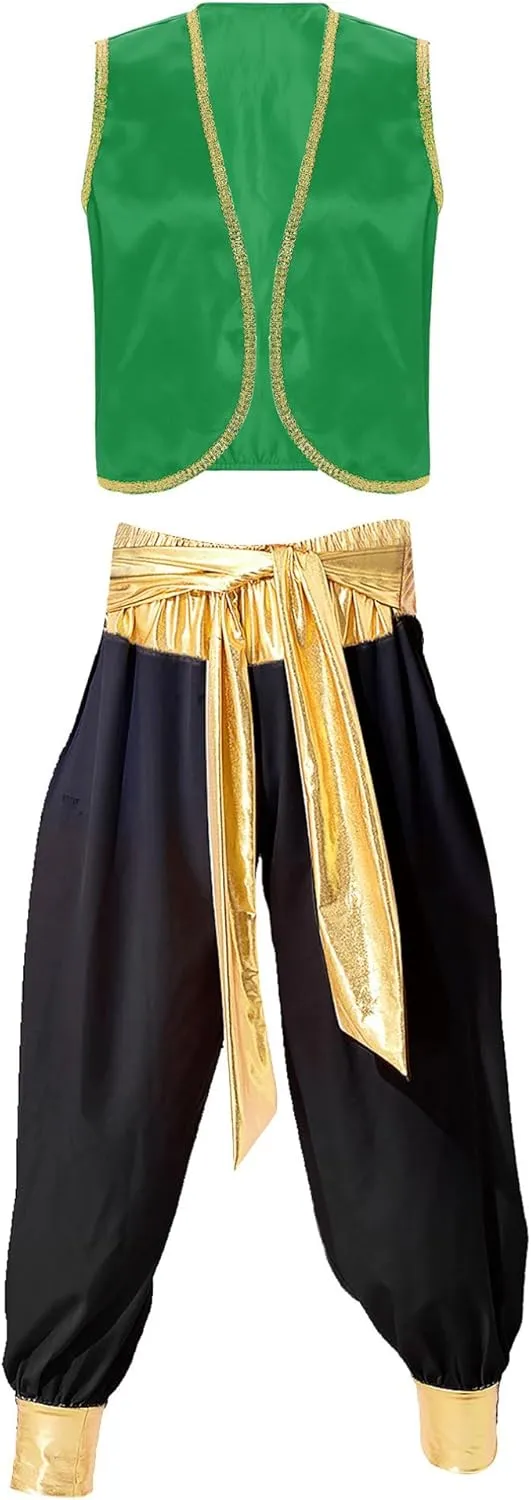 JEATHA Men's Arabian Prince Street Rat Costume for Adults Sleeveless Vest with Belt Harem Pants Cosplay Fancy Outfit Party