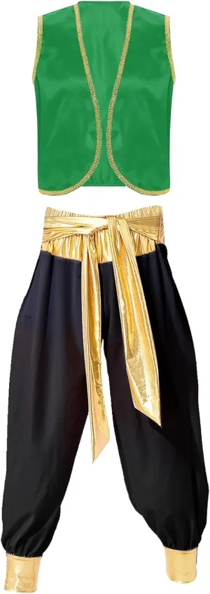 JEATHA Men's Arabian Prince Street Rat Costume for Adults Sleeveless Vest with Belt Harem Pants Cosplay Fancy Outfit Party