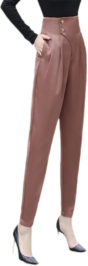 Kelsiop Solid Color Women's High Waist Harem Pants Spring and Autumn Office Workers Button Splicing Casual Cropped Pants