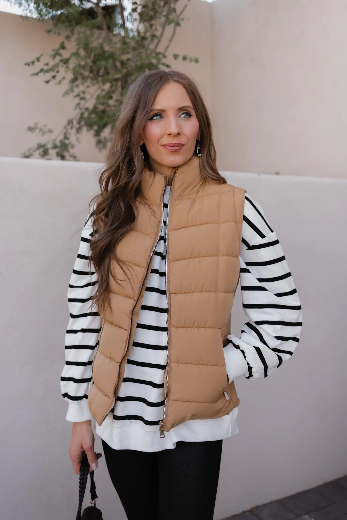 Khaki Zip Up Turtleneck Vest with Pockets