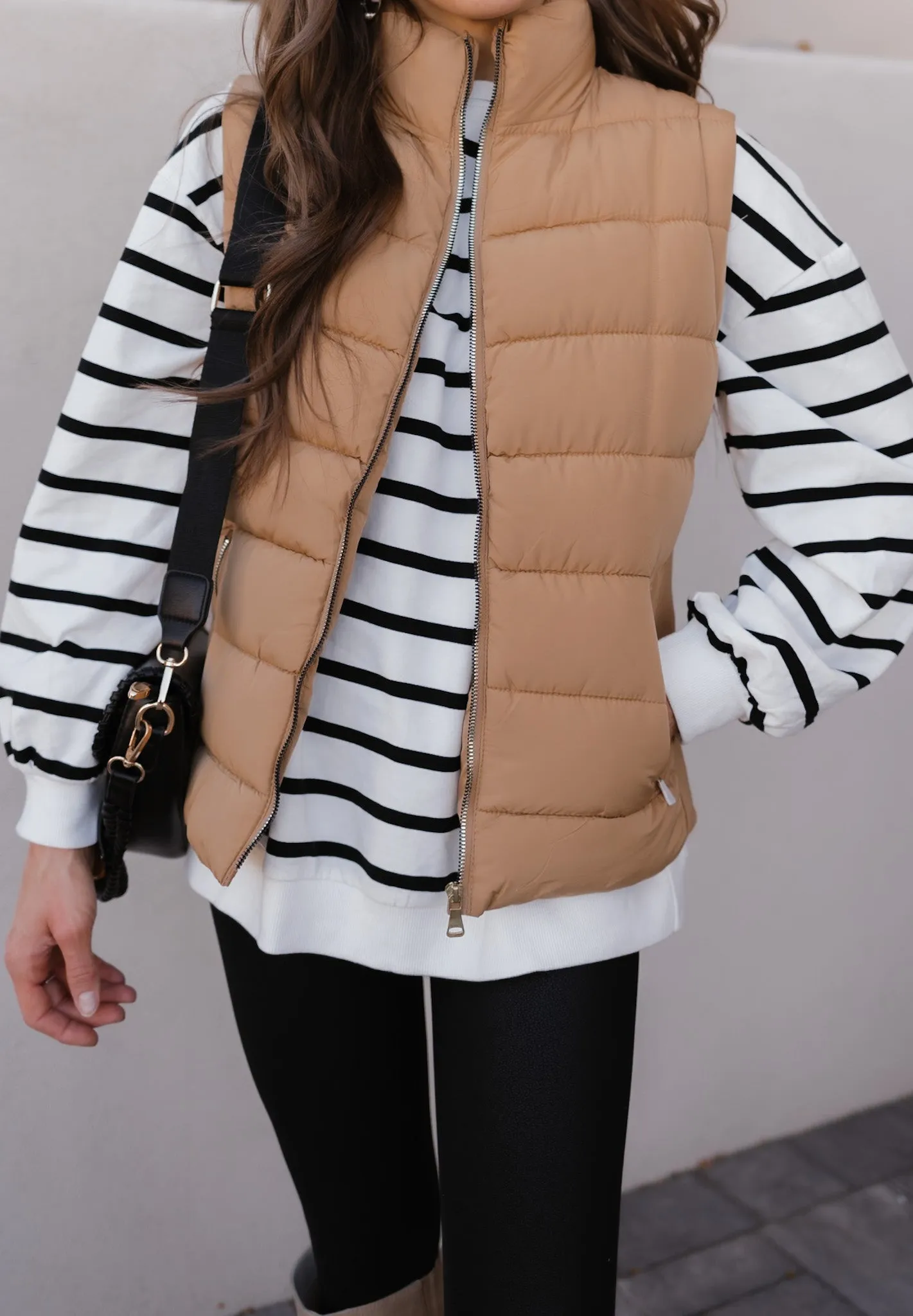 Khaki Zip Up Turtleneck Vest with Pockets