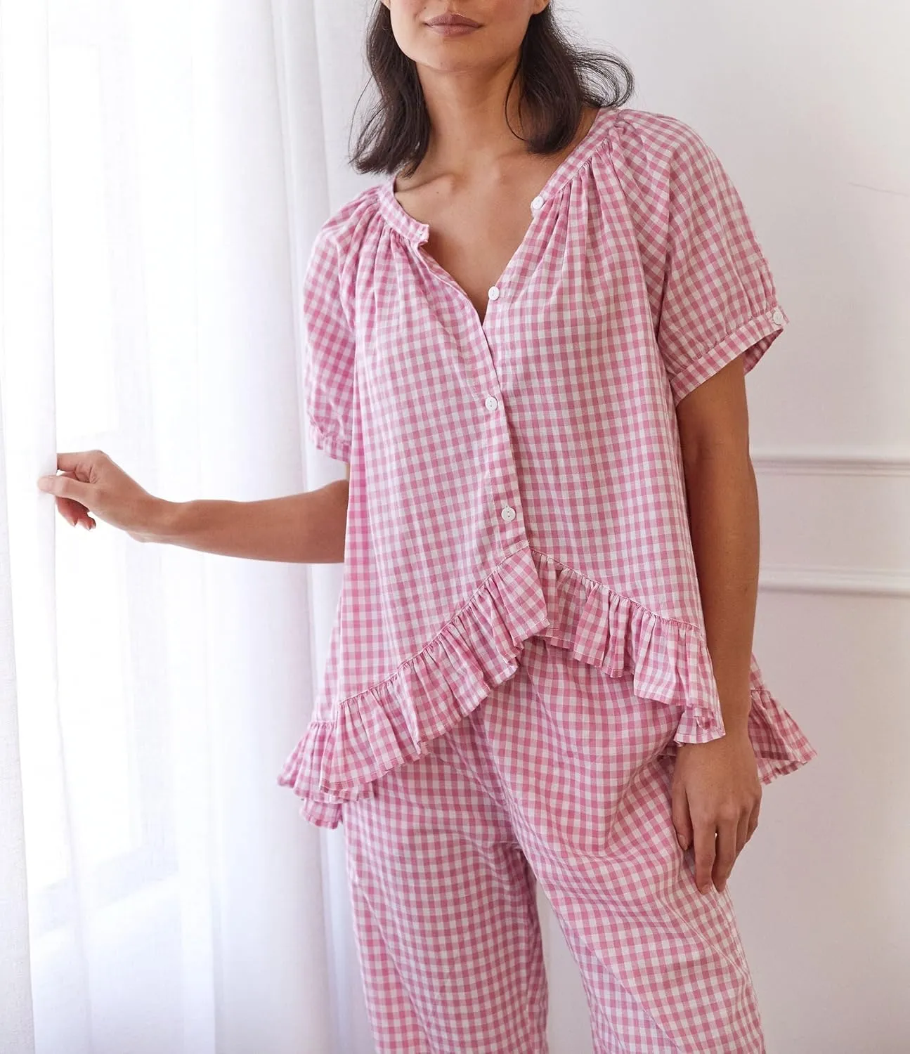 KMBANGI Women Y2K Plaid 2 Piece Set Pajamas Outfits Short Sleeve Ruffle Button Down Shirt Pants Lounge Sets