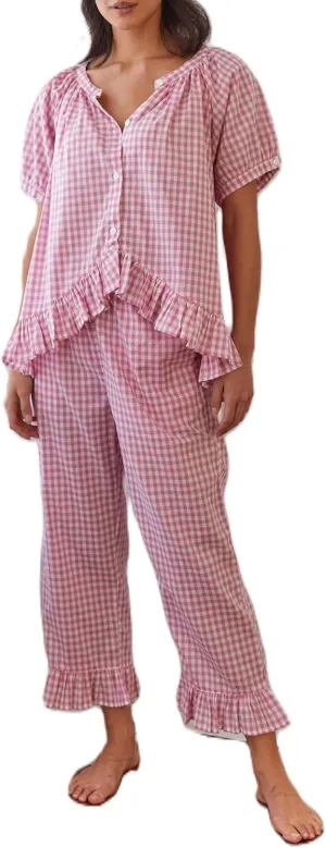 KMBANGI Women Y2K Plaid 2 Piece Set Pajamas Outfits Short Sleeve Ruffle Button Down Shirt Pants Lounge Sets