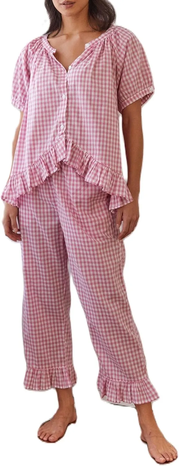 KMBANGI Women Y2K Plaid 2 Piece Set Pajamas Outfits Short Sleeve Ruffle Button Down Shirt Pants Lounge Sets