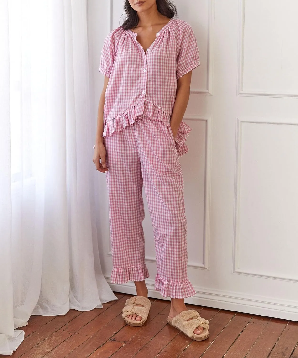 KMBANGI Women Y2K Plaid 2 Piece Set Pajamas Outfits Short Sleeve Ruffle Button Down Shirt Pants Lounge Sets