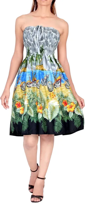 LA LEELA Women's Summer Boho Beach Halter Smocked Mini Flowy Dress Tube Top Strapless Dresses for Women One Size Grey, Floral