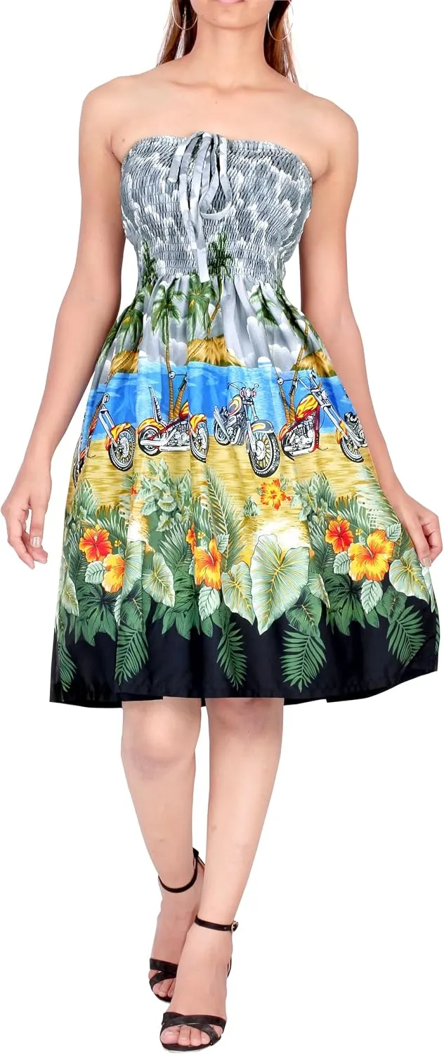 LA LEELA Women's Summer Boho Beach Halter Smocked Mini Flowy Dress Tube Top Strapless Dresses for Women One Size Grey, Floral