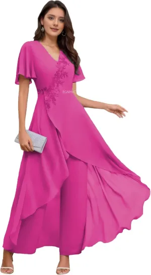 Lace Hot Pink Pant Suits for Women 2025 with Sleeves Mother of The Bride Pant Suits Spring V Neck Wedding Dress for Bride 8
