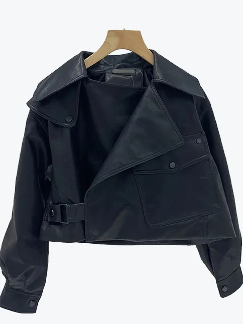 Lapel Pocketed Solid Color Moto Jacket