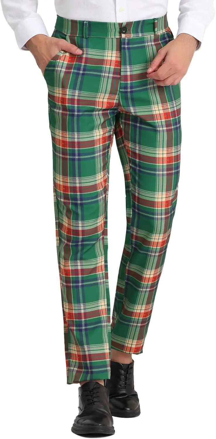Lars Amadeus Men's Plaid Pants Regular Fit Flat Front Classic Elastic Waist Suit Pants