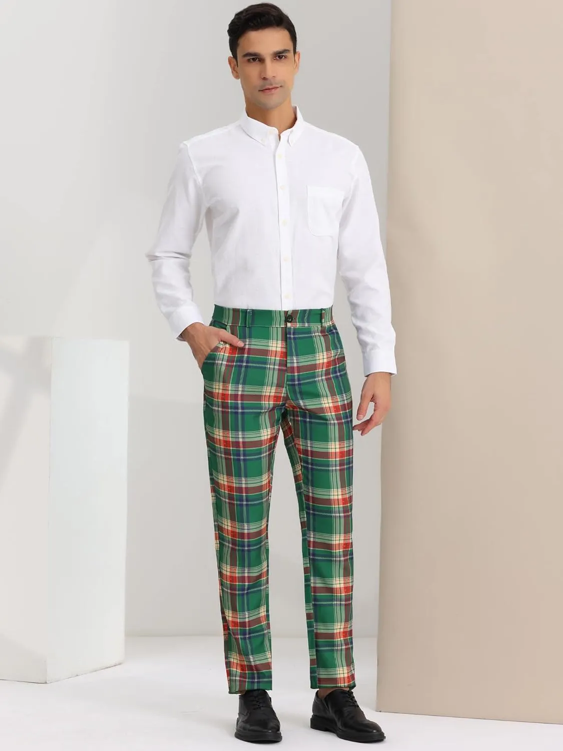 Lars Amadeus Men's Plaid Pants Regular Fit Flat Front Classic Elastic Waist Suit Pants
