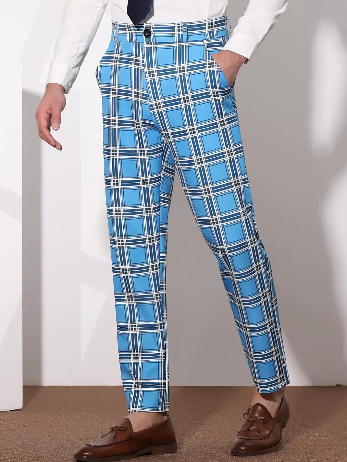 Lars Amadeus Men's Plaid Pants Regular Fit Flat Front Classic Elastic Waist Suit Pants