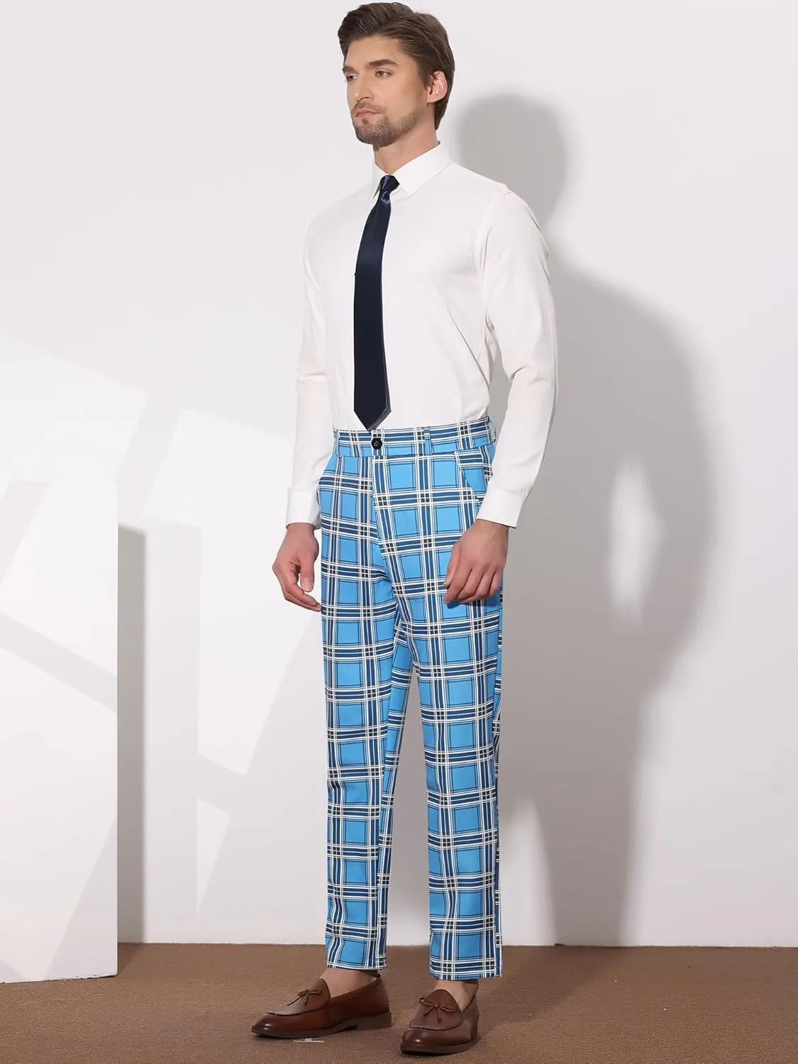 Lars Amadeus Men's Plaid Pants Regular Fit Flat Front Classic Elastic Waist Suit Pants