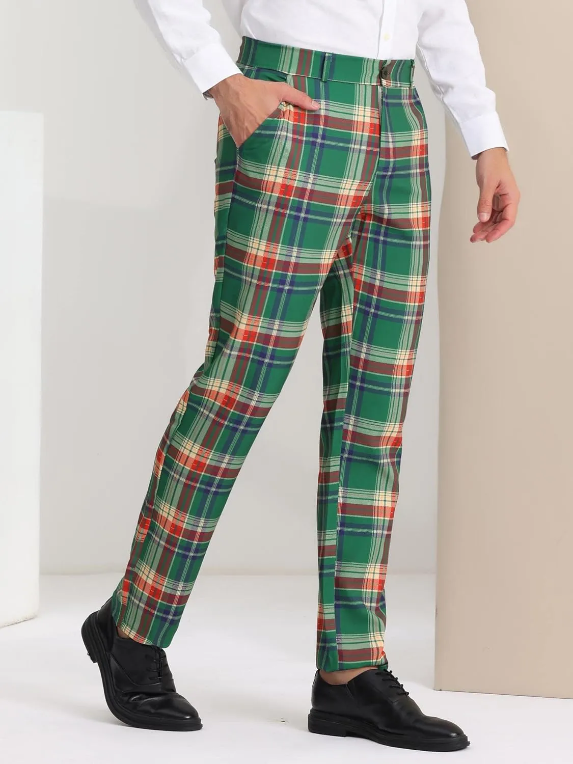 Lars Amadeus Men's Plaid Pants Regular Fit Flat Front Classic Elastic Waist Suit Pants
