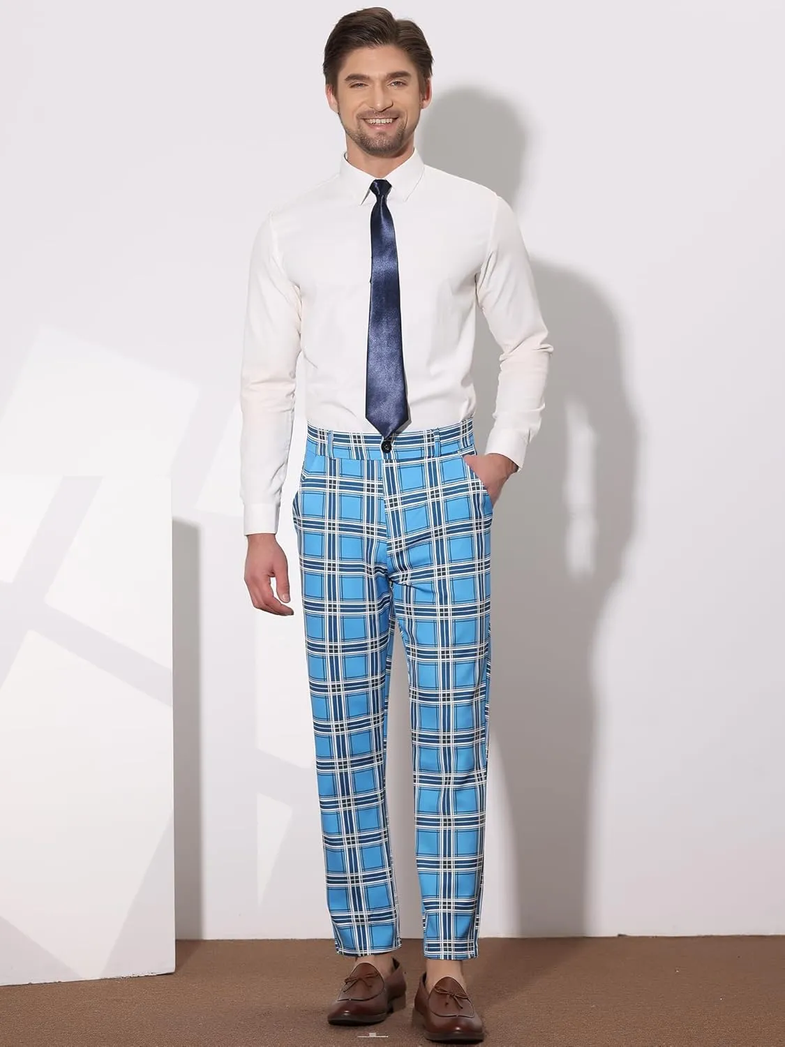 Lars Amadeus Men's Plaid Pants Regular Fit Flat Front Classic Elastic Waist Suit Pants