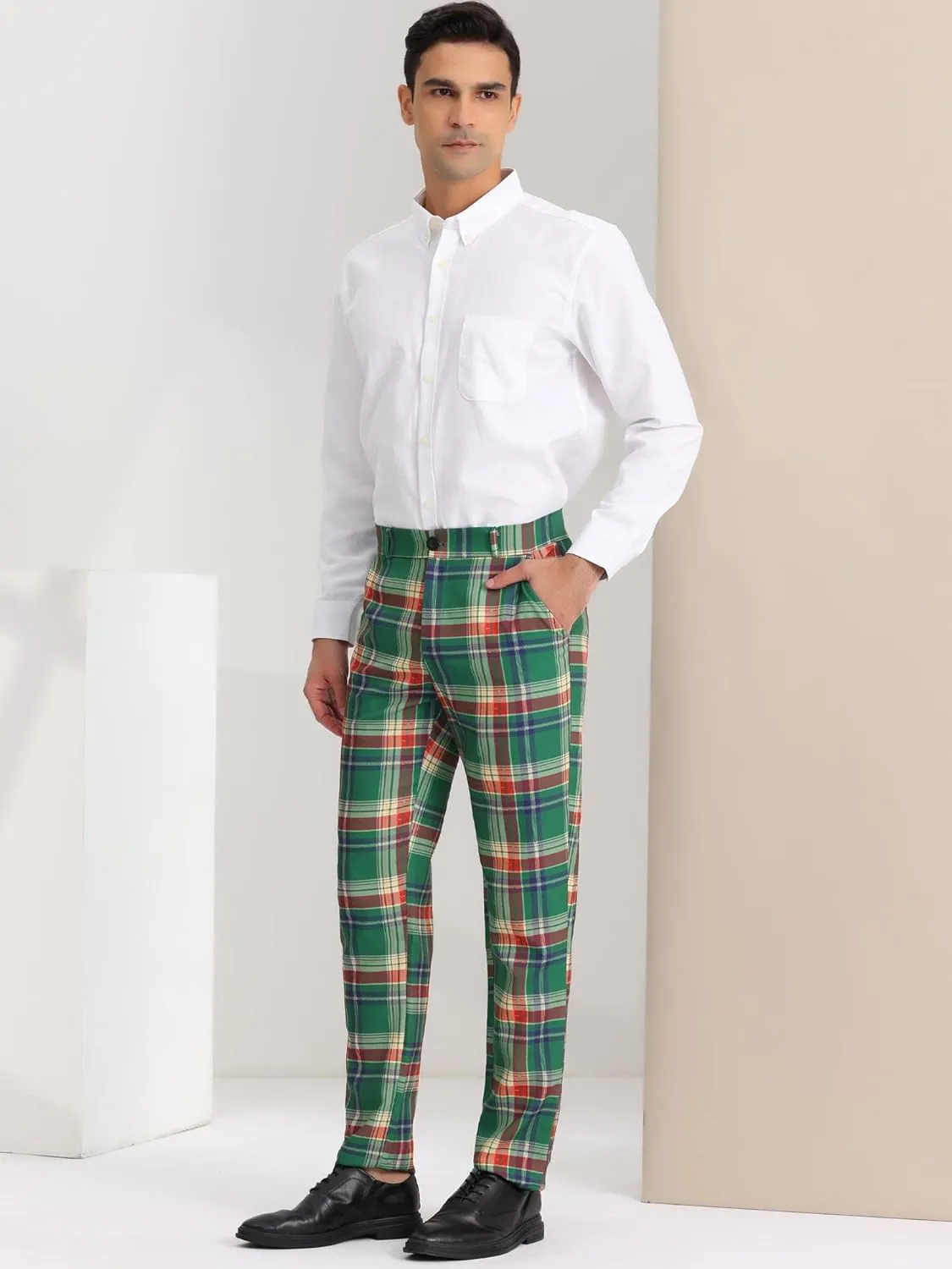 Lars Amadeus Men's Plaid Pants Regular Fit Flat Front Classic Elastic Waist Suit Pants