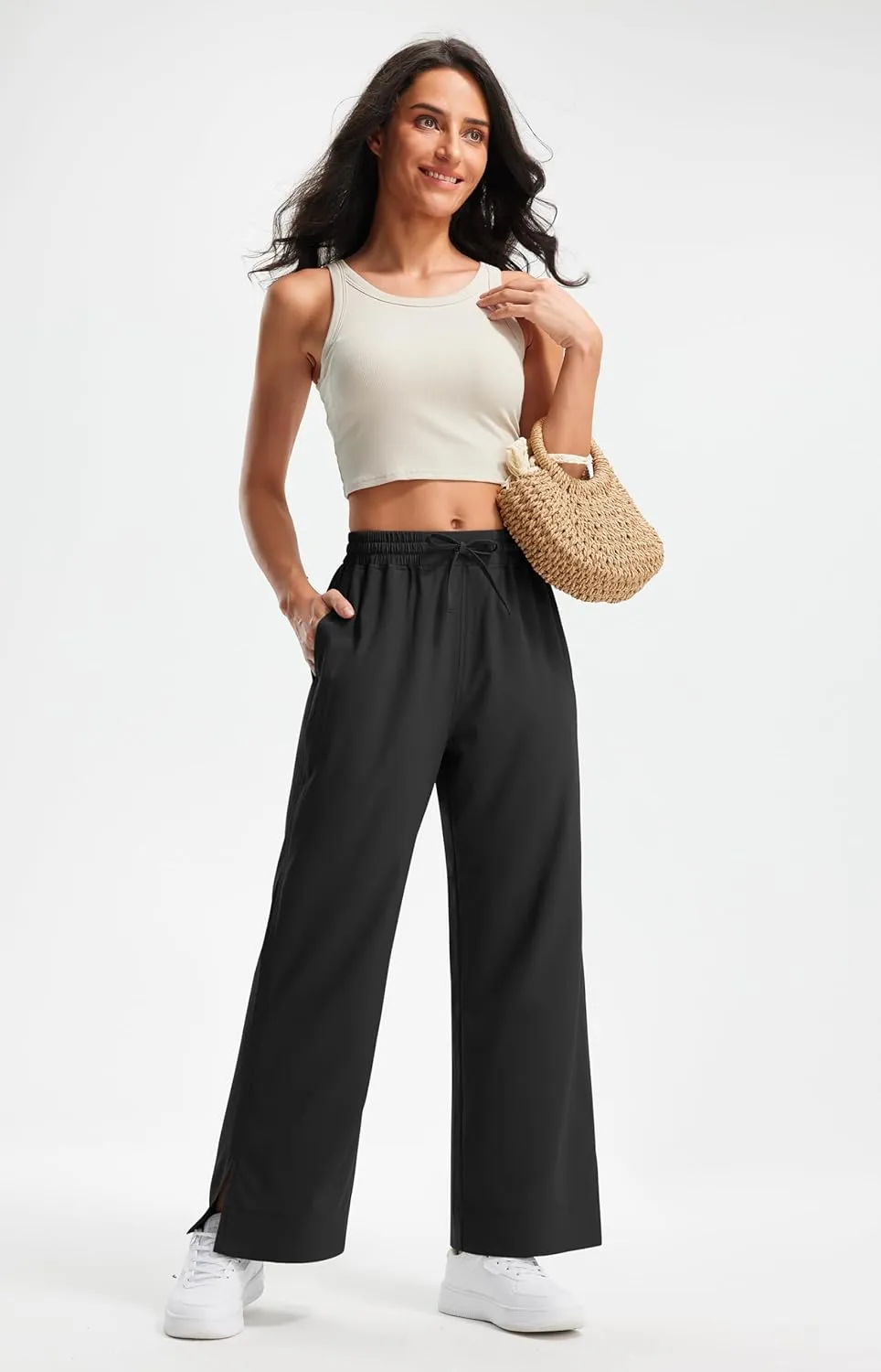 Libin Women's Lightweight Wide Leg Pants 27"/29" High Waisted Casual Work Pants Lounge Flowy Trousers with Pockets