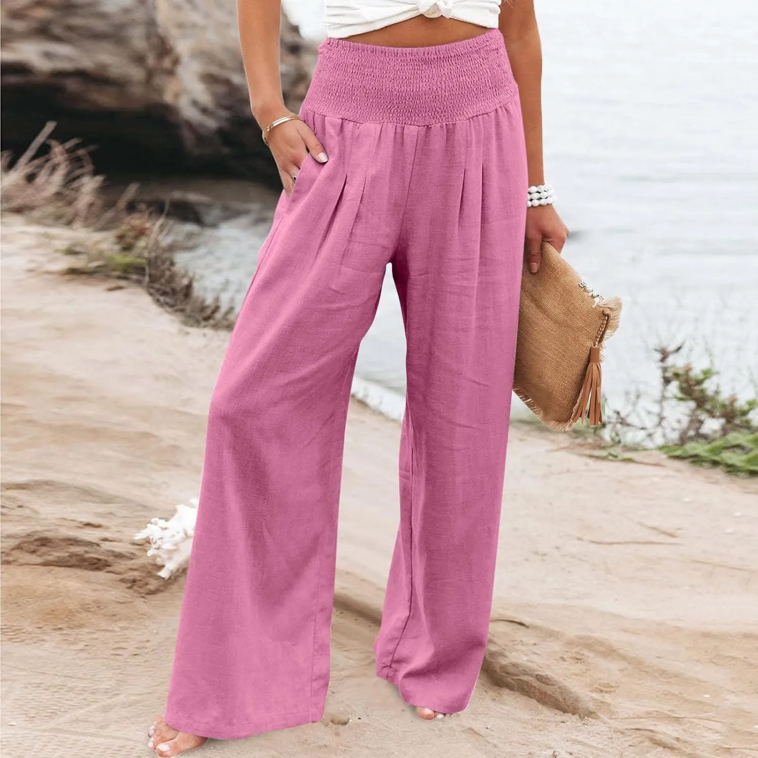 Linen Pants Women 2024 Summer Comfy Elastic High Waist Wide Leg Trousers Drawstring Hem Palazzo Pants with Pockets