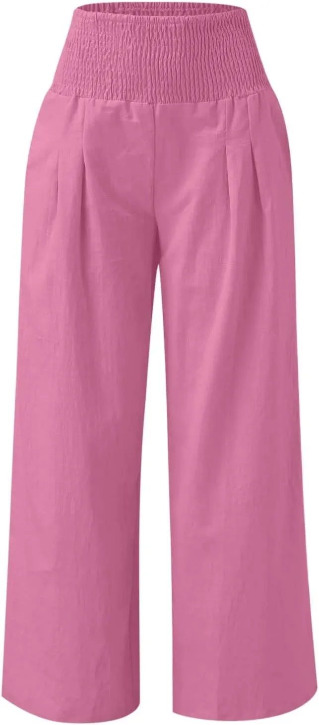 Linen Pants Women 2024 Summer Comfy Elastic High Waist Wide Leg Trousers Drawstring Hem Palazzo Pants with Pockets