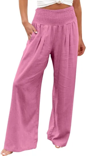 Linen Pants Women 2024 Summer Comfy Elastic High Waist Wide Leg Trousers Drawstring Hem Palazzo Pants with Pockets