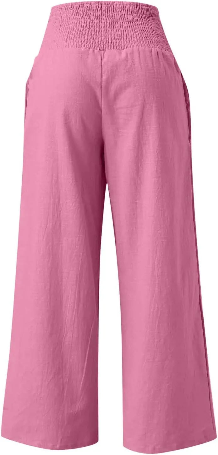 Linen Pants Women 2024 Summer Comfy Elastic High Waist Wide Leg Trousers Drawstring Hem Palazzo Pants with Pockets