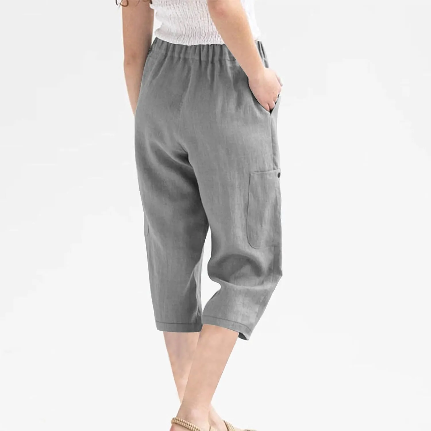 Linen Pants Women Casual 2025 Summer Elastic Waist Pull on Capri Pants Pull on Straight Leg Cropped Pants with Pockets